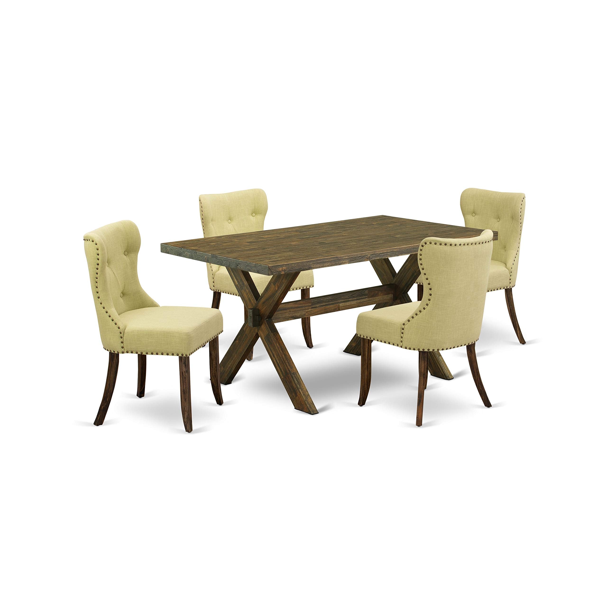 East West Furniture X776Si737-5 5 Piece Dining Room Table Set Includes A Rectangle Kitchen Table With X-Legs And 4 Limelight Linen Fabric Parsons Dining Chairs, 36X60 Inch, Multi-Color